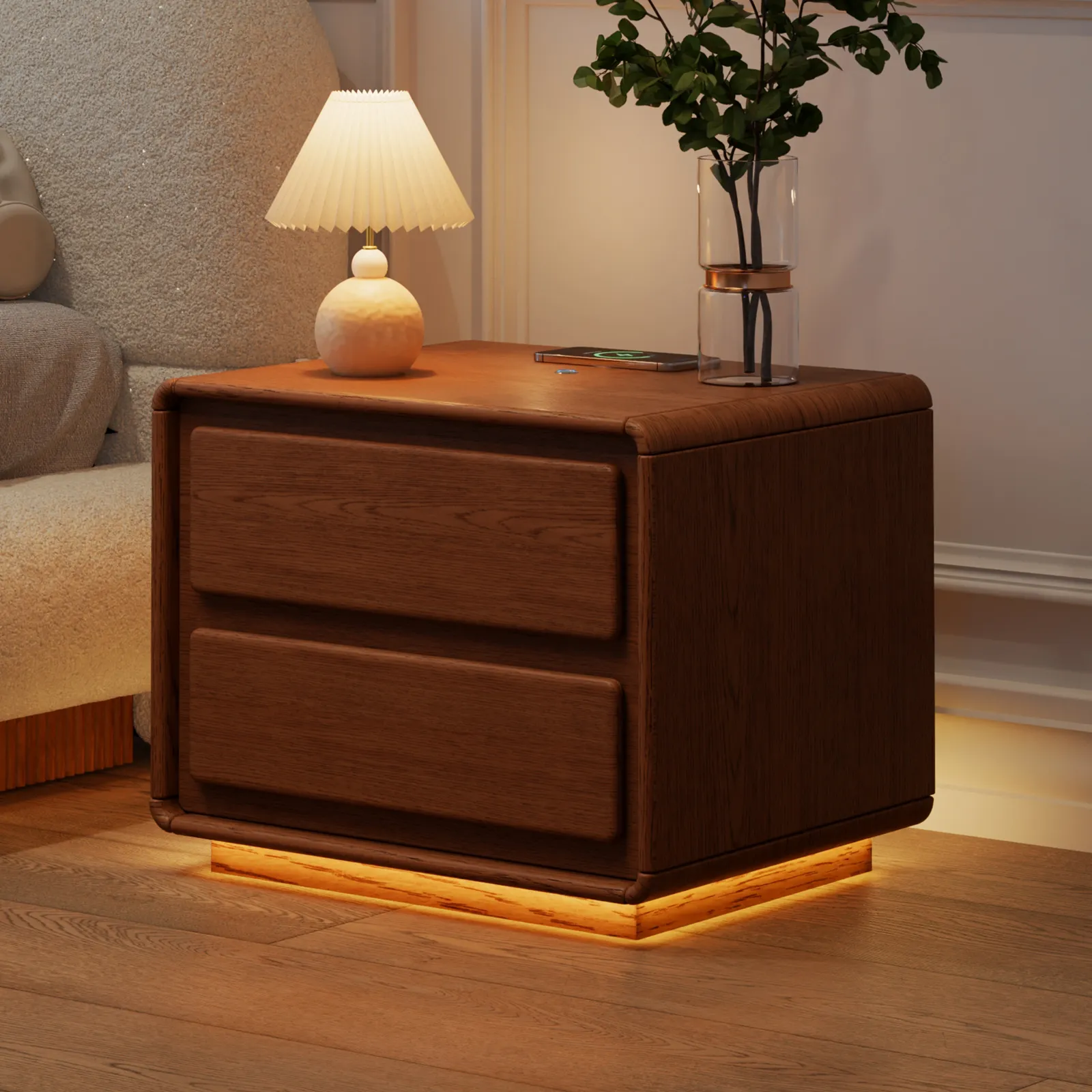 Haloa Walnut 2 Drawer Nightstand with Charging Station & LED Light