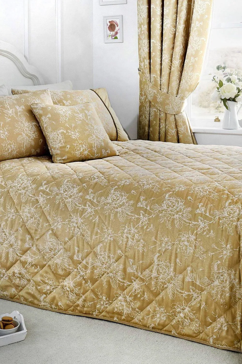 Dreams & Drapes 'Jasmine' Elegant Floral Jacquard Quilted Bedspread in Beige