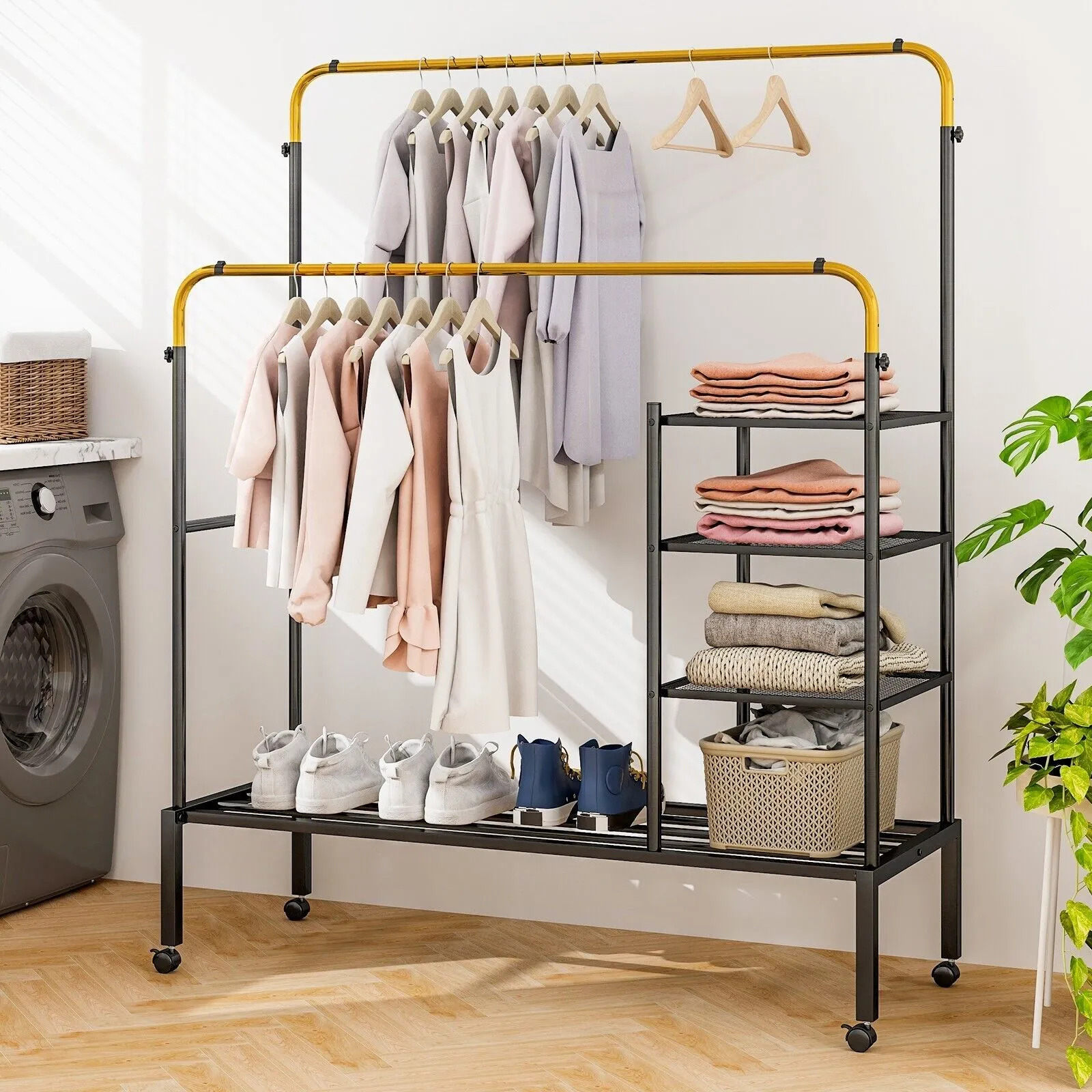 Costway Rolling Clothes Drying Rack Adjustable Double Rods Garment Rack Clothes Hanger in Black 3