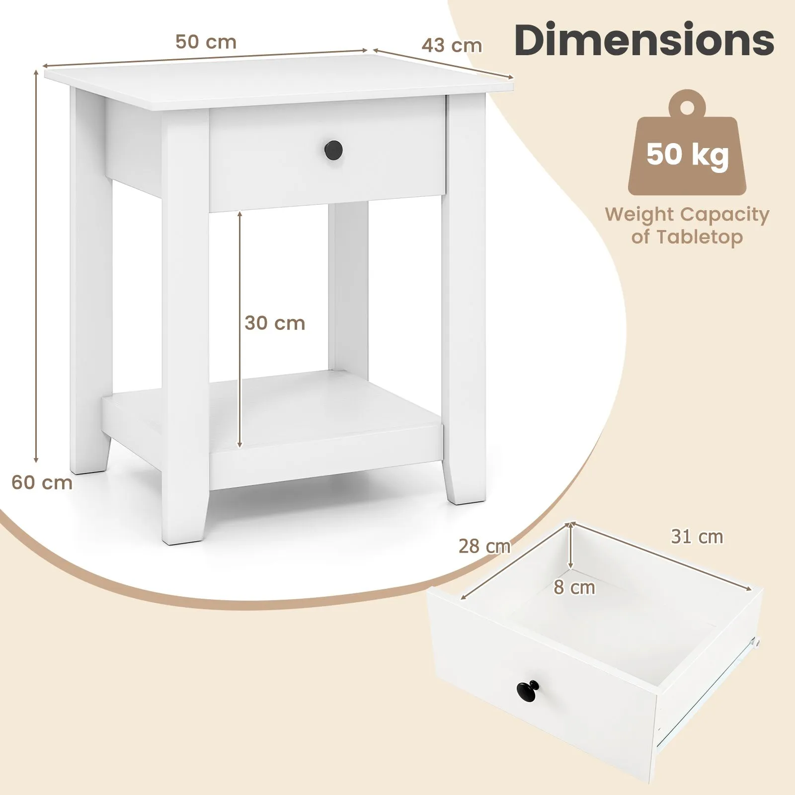 Costway 3-Tier Modern Bedside Table Wooden Nightstand with Drawer in White 2