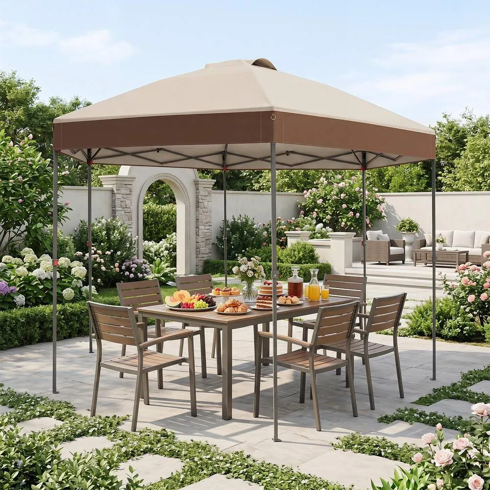 Costway 3.6x3.6m Pop Up Garden Gazebo Adjustable Height Canopy Tent w/Pegs in Brown 3
