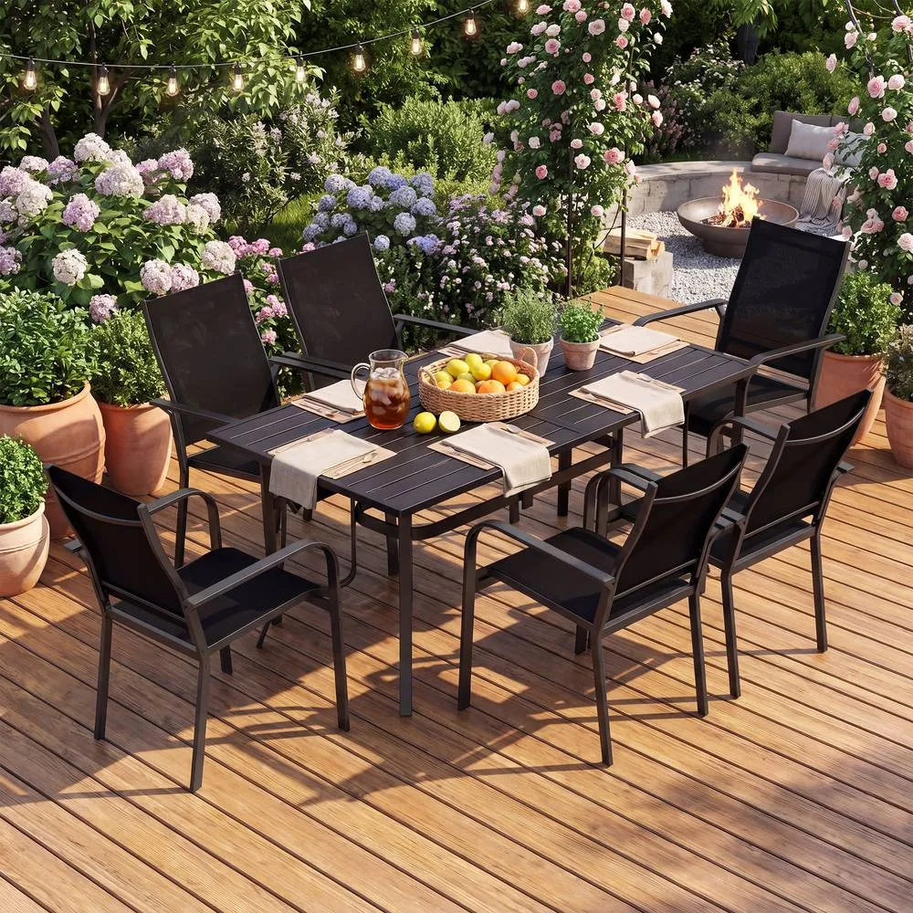 Costway 160 CM Patio Dining Table for 6 Rectangle Metal Table w/ Umbrella Hole in Black 3