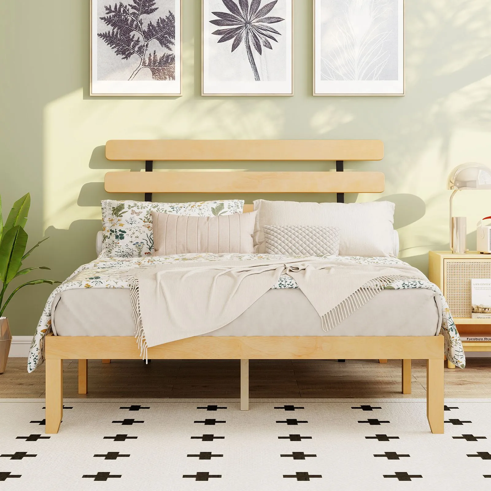 Costway King Size Bed Frame Wood Platform Bed w/ Retro Headboard in Natural 3