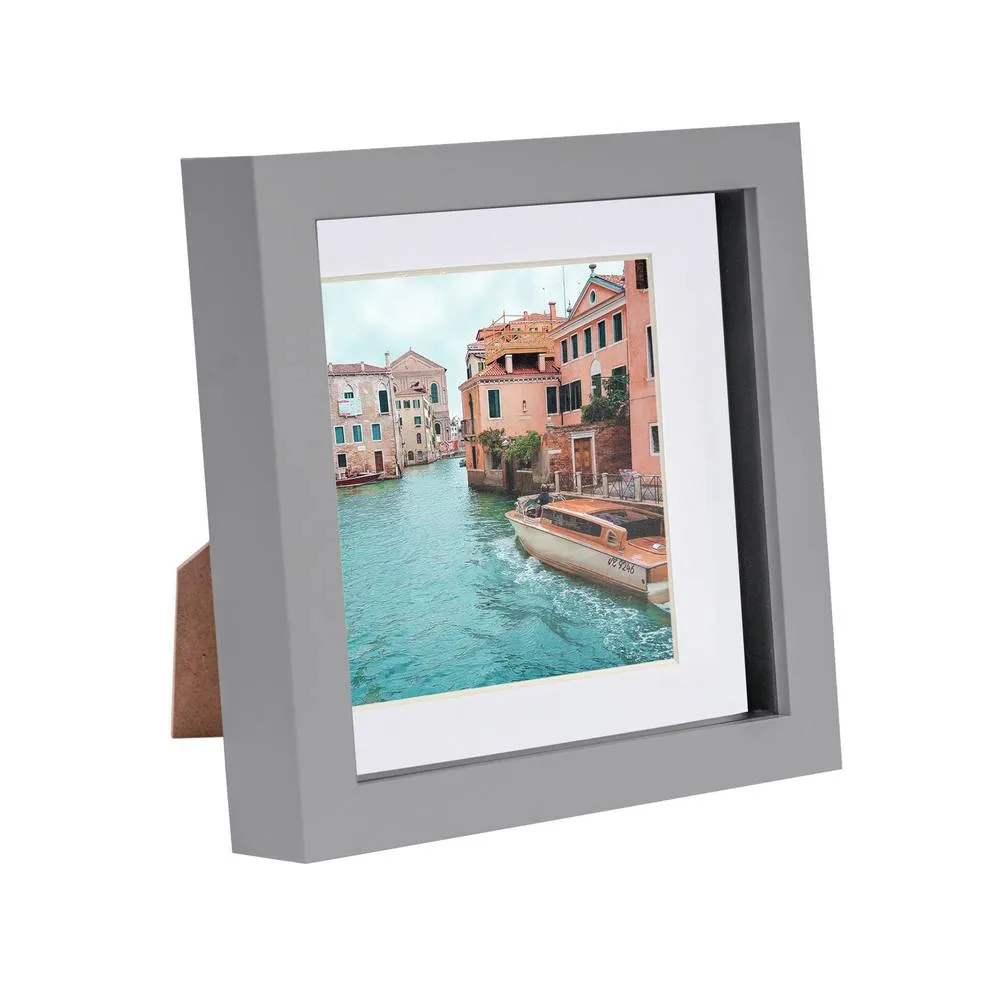 Nicola Spring 3D Box Photo Frame with 4" x 4" Mount - 6" x 6" - Grey in White