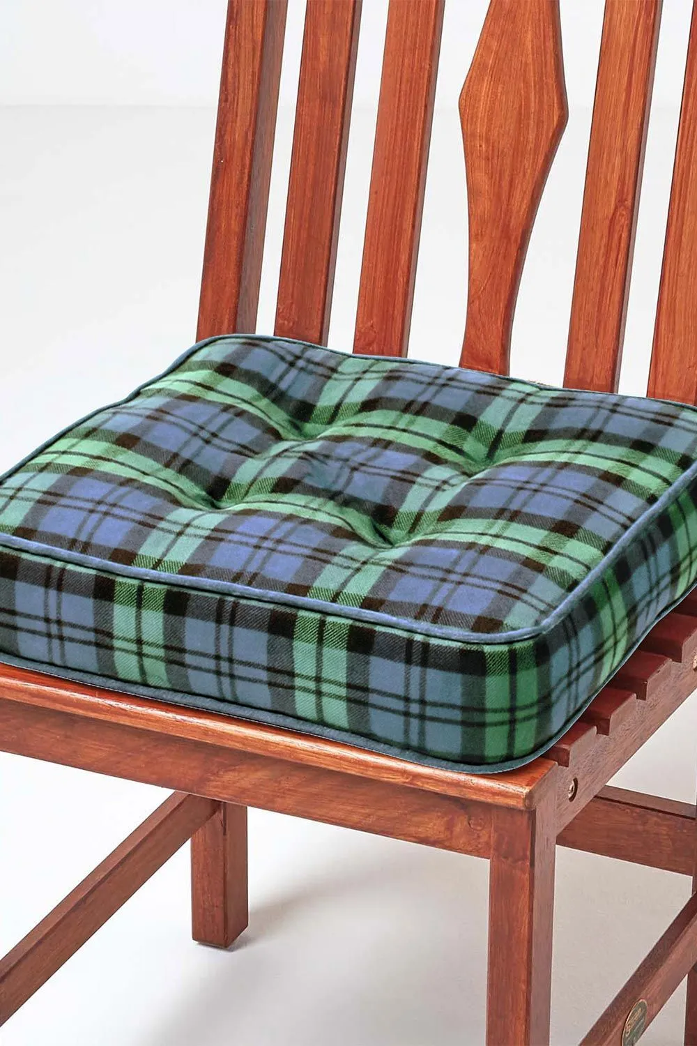 Homescapes Black Watch Tartan Cotton Dining Chair Booster Cushion in Green