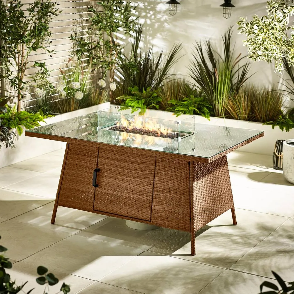 FurnitureboxUK Marbella Rattan 6 Seat Garden Dining Table + Firepit in Beige 1