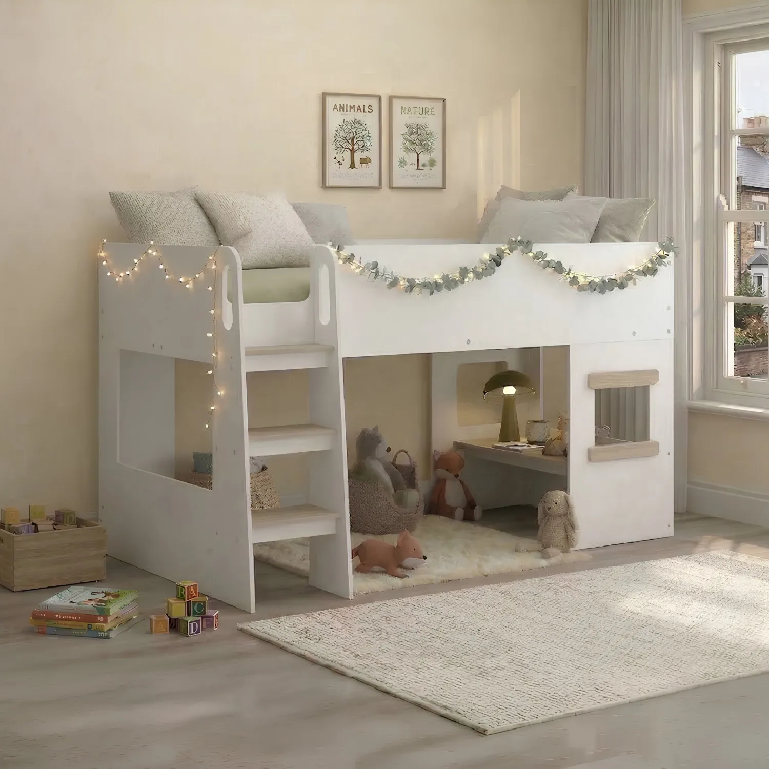 Cottage - Single - Mid Sleeper Bed with a Desk - White/Oak - Wood - 3ft