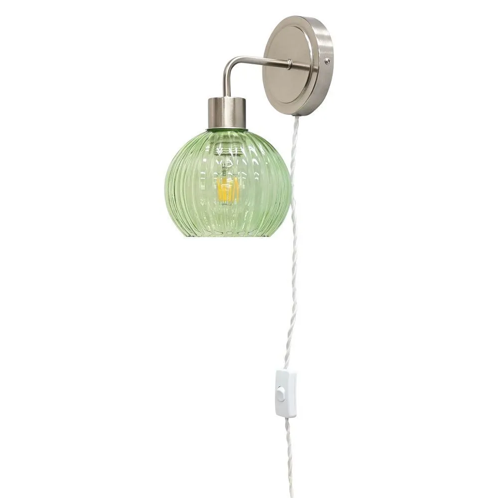 First Choice Lighting Toby - Satin Nickel Plug in Wall Light with Betchley Green Shade in Silver