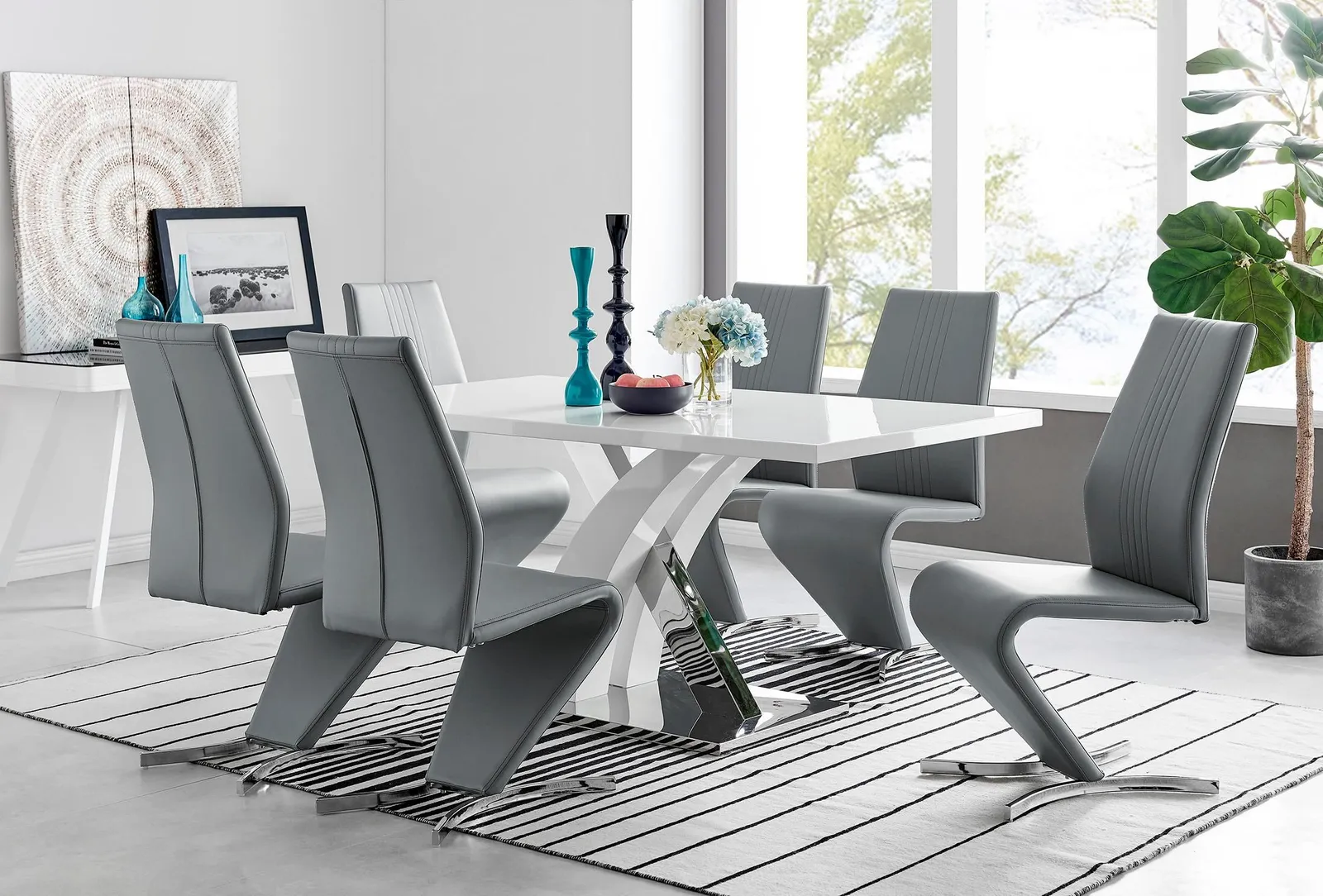 FurnitureboxUK Atlanta Modern Rectangle Chrome Metal High Gloss White Dining Table & 6 Willow Chairs Set in Grey 1