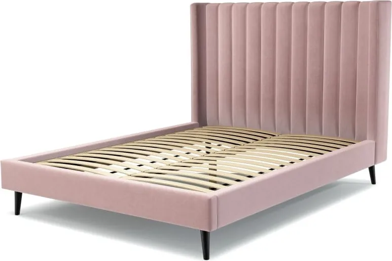 Cory King Size Bed, Heather Pink Velvet with Black Stain Oak Legs