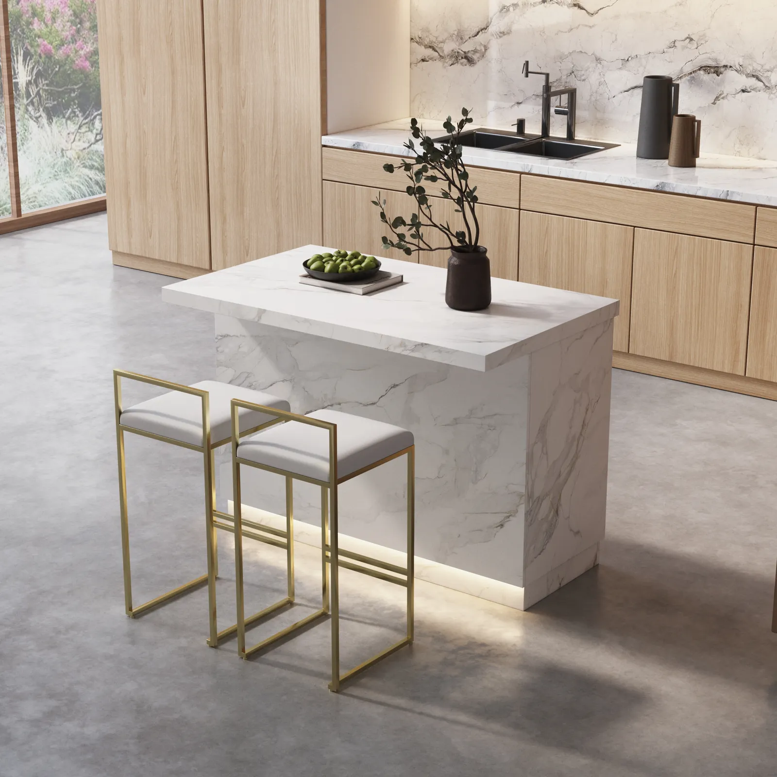 1270mm Japandi Kitchen lsland  White Wooden Storage Kitchen Cabinet with Light