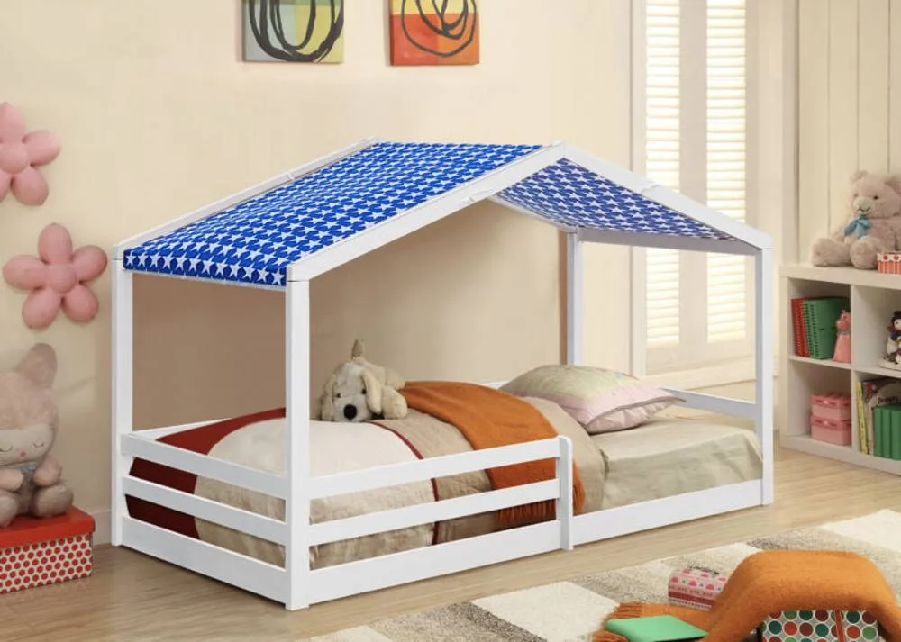 Comfy Living Ltd 3ft Wooden House Bed With Blue Tent in White 1