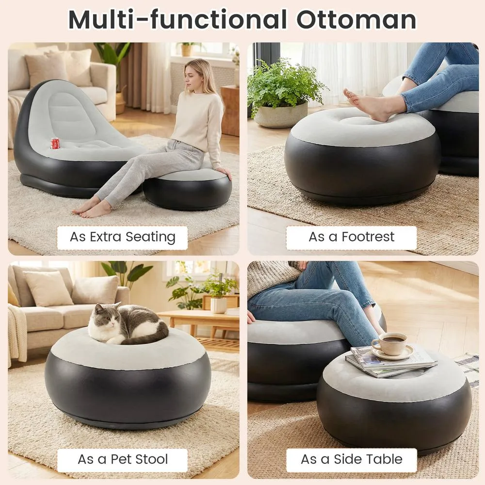 Costway Inflatable Lounge Sofa w/ Ottoman Air Sofa Blow up Single Couch in Grey 6