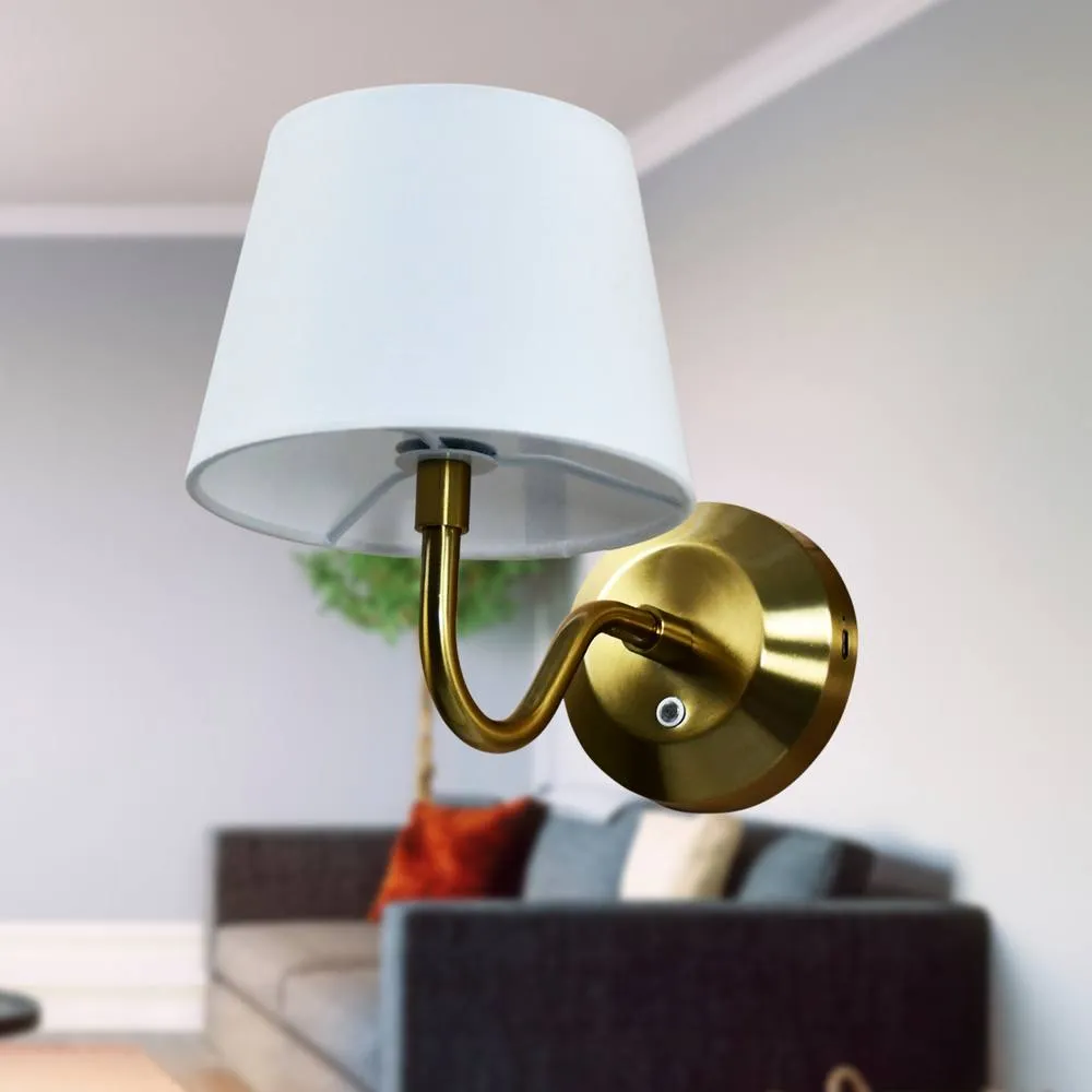 First Choice Lighting Set of 2 Hamilton - Brass Rechargeable Wall Lights with White Shades in Gold 6