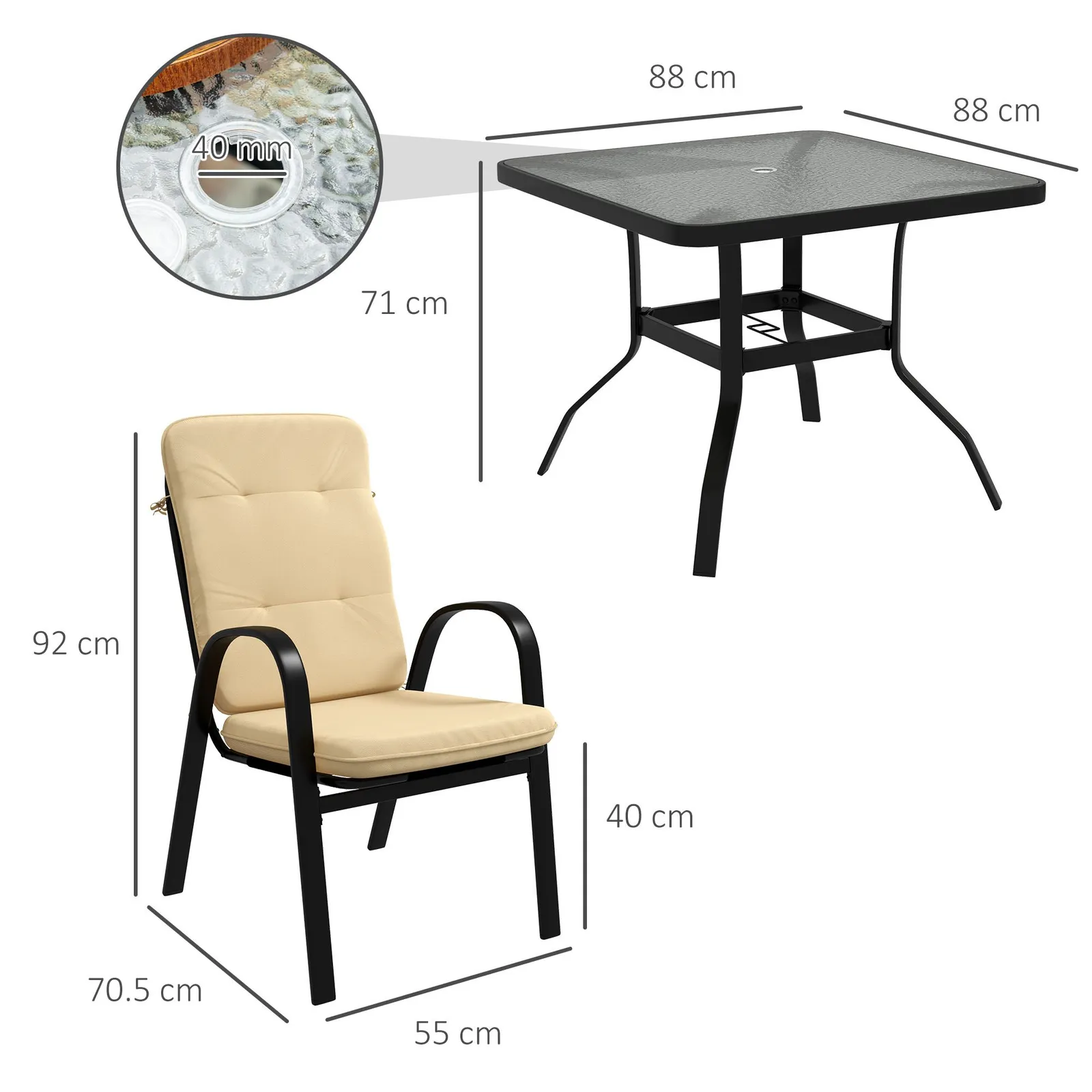 OUTSUNNY Garden Dining Set, Glass Table w/ Umbrella Hole in Beige 3
