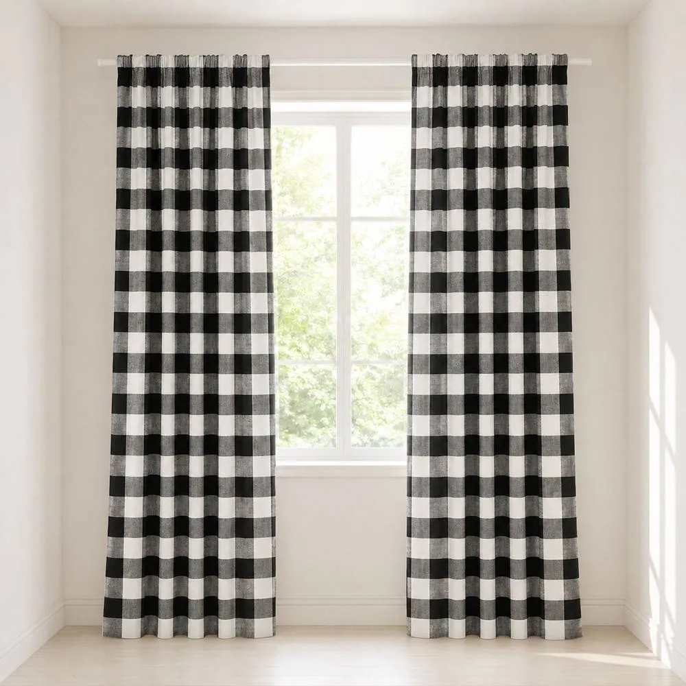 Smart Living Gingham Check Curtains Pair with Tie Backs - Classic Checked Print in Black