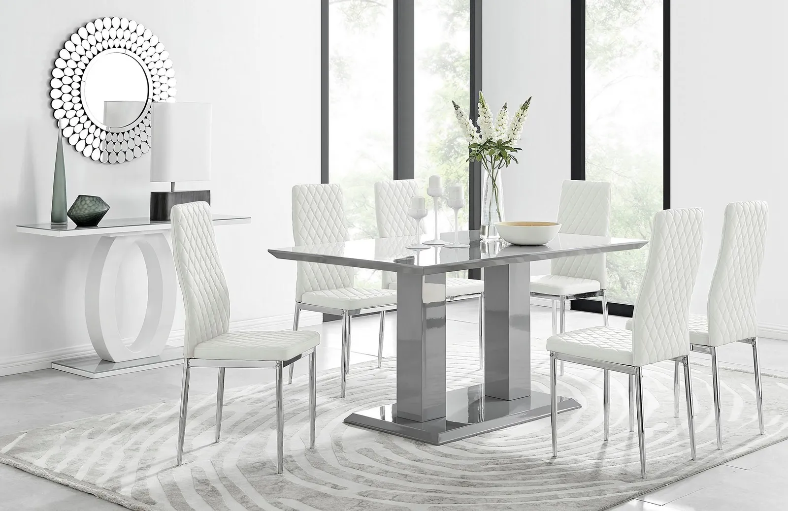 FurnitureboxUK Imperia Grey Modern High Gloss Dining Table & 6 Milan Dining Chairs Set in Off-White 1