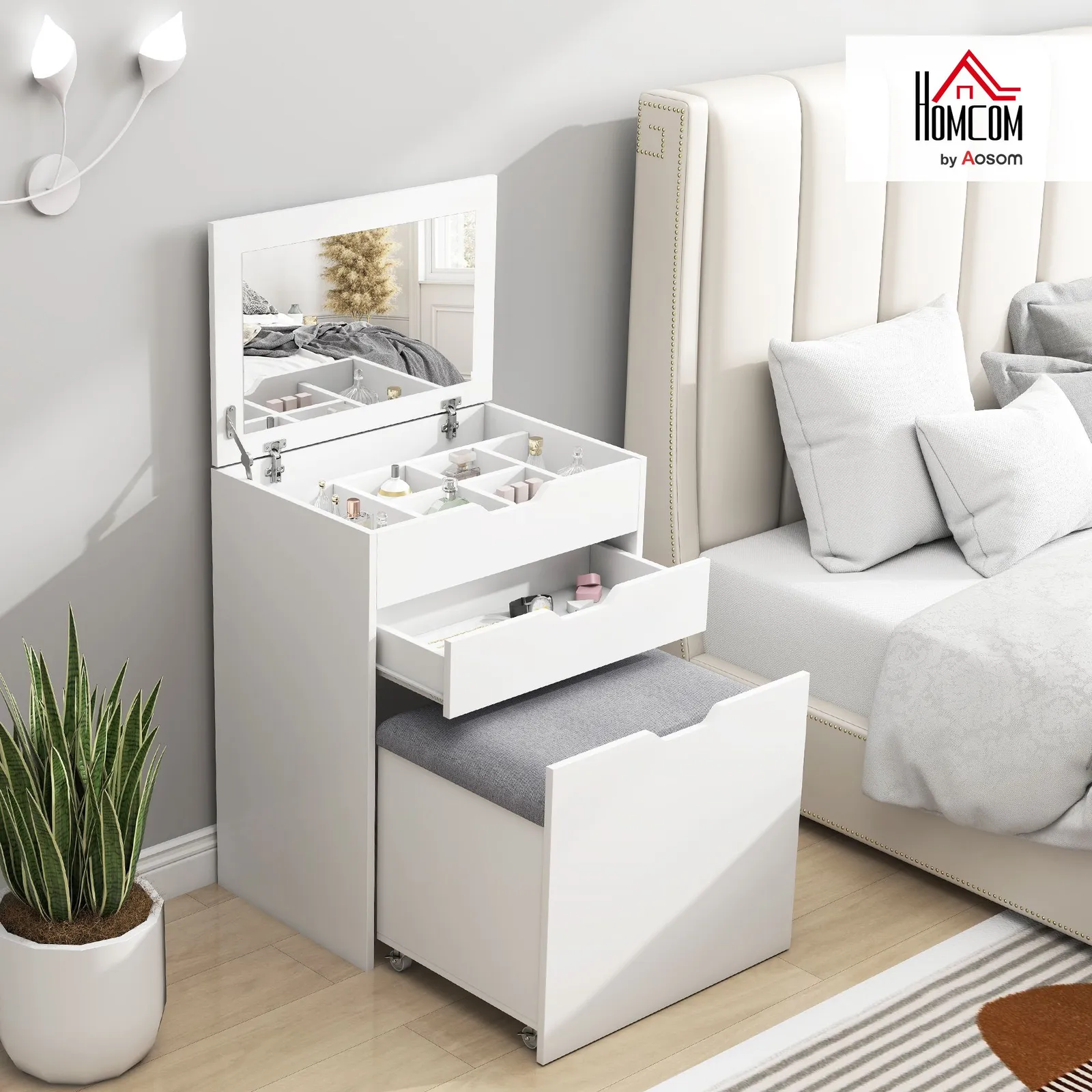 HOMCOM Dressing Table Set Flip up Mirror Stool Drawer & Compartments in White 2