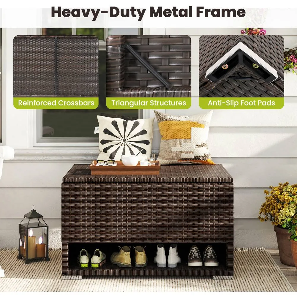 Costway Deck Box 180L PE Rattan Storage Bin with Shoe Rack-Mix Brown 6