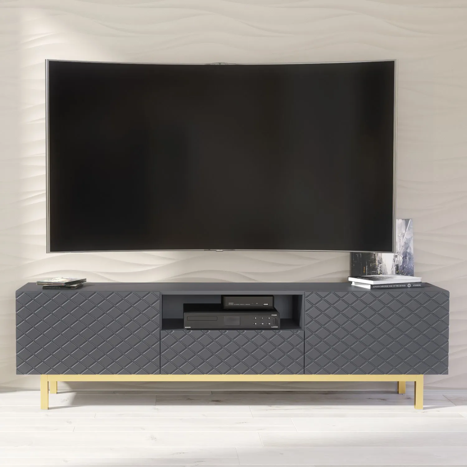 Creative Furniture Diamond Luxe TV Unit 180cm - Luxury Cabinet with Push to Open Storage in Dark Grey