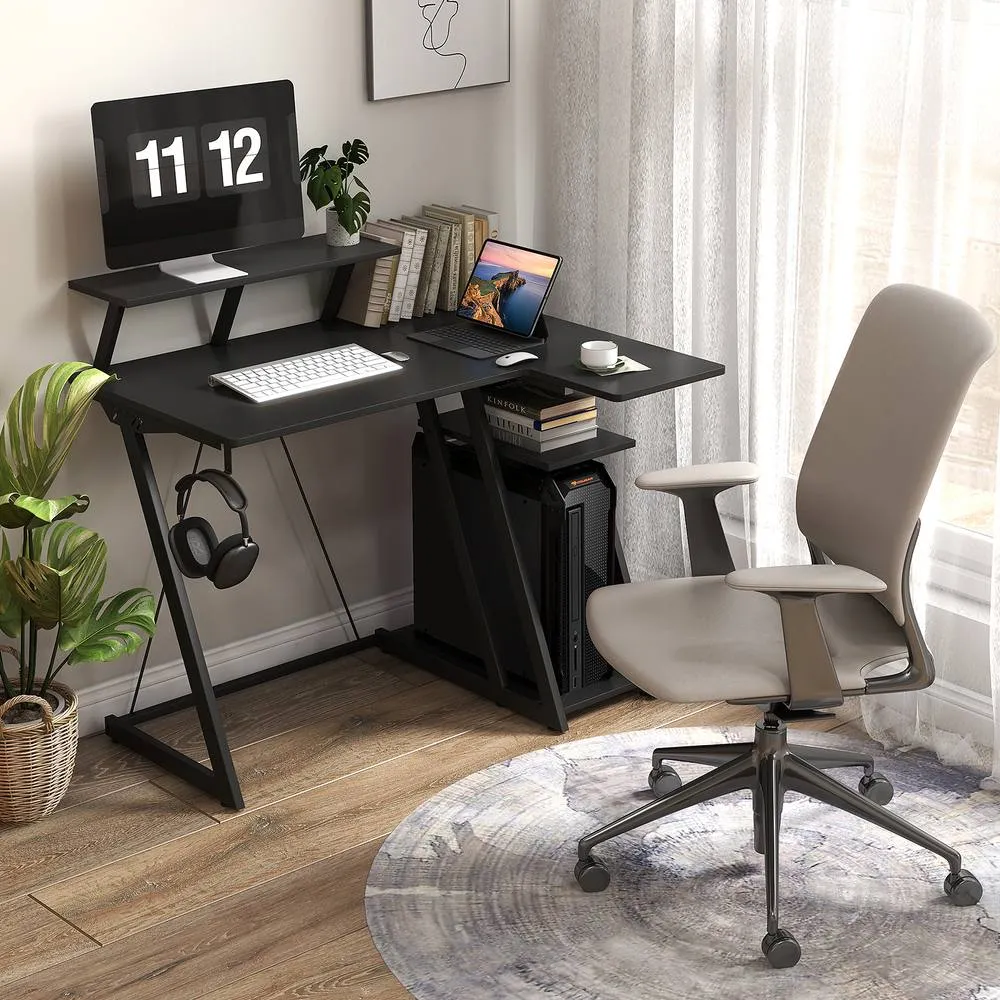 Costway L-Shaped Gaming Desk with Outlets & USB Ports Small Computer Desk in Black 3