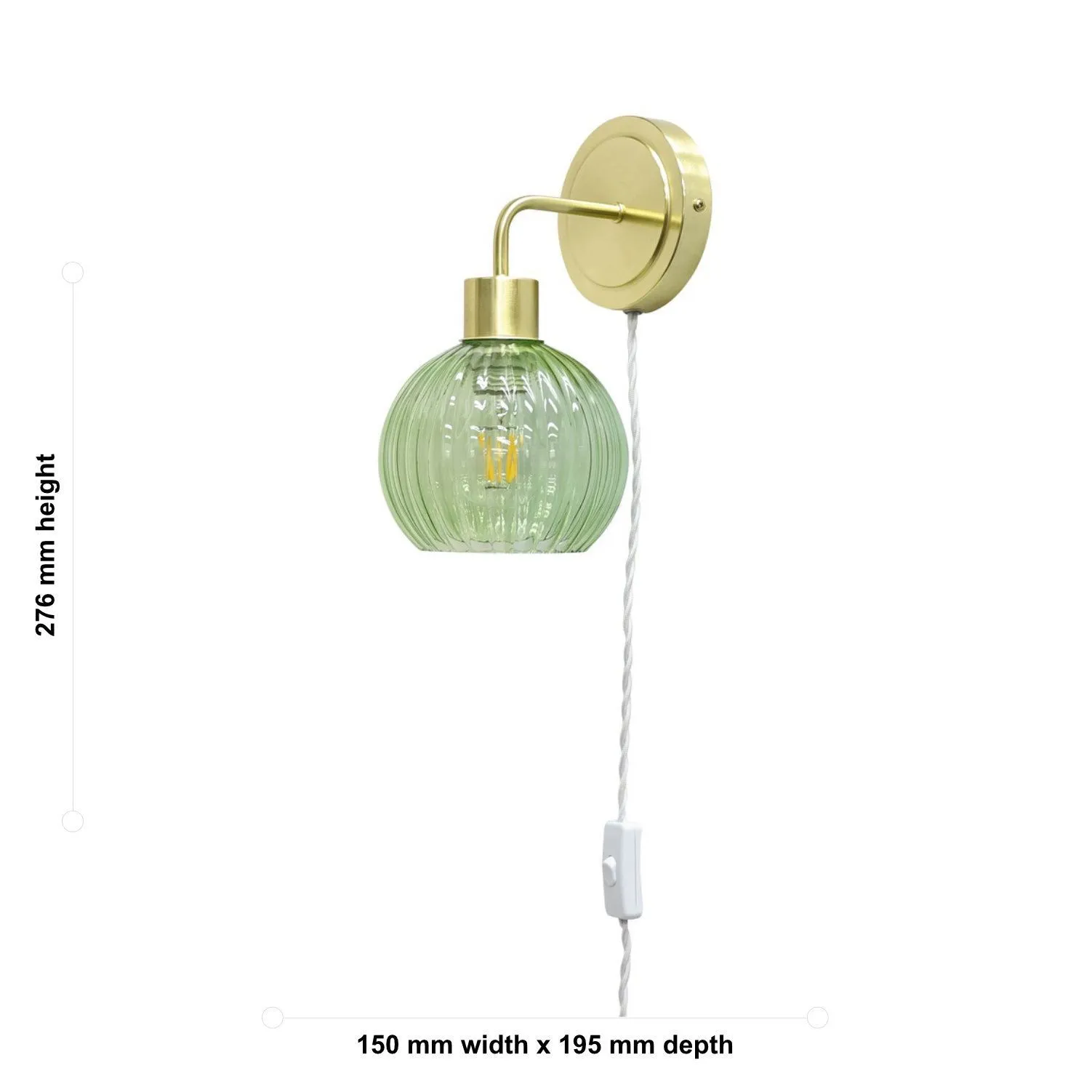 First Choice Lighting Toby - Satin Brass Plug in Wall Light with Betchley Green Ribbed Shade in Gold 5