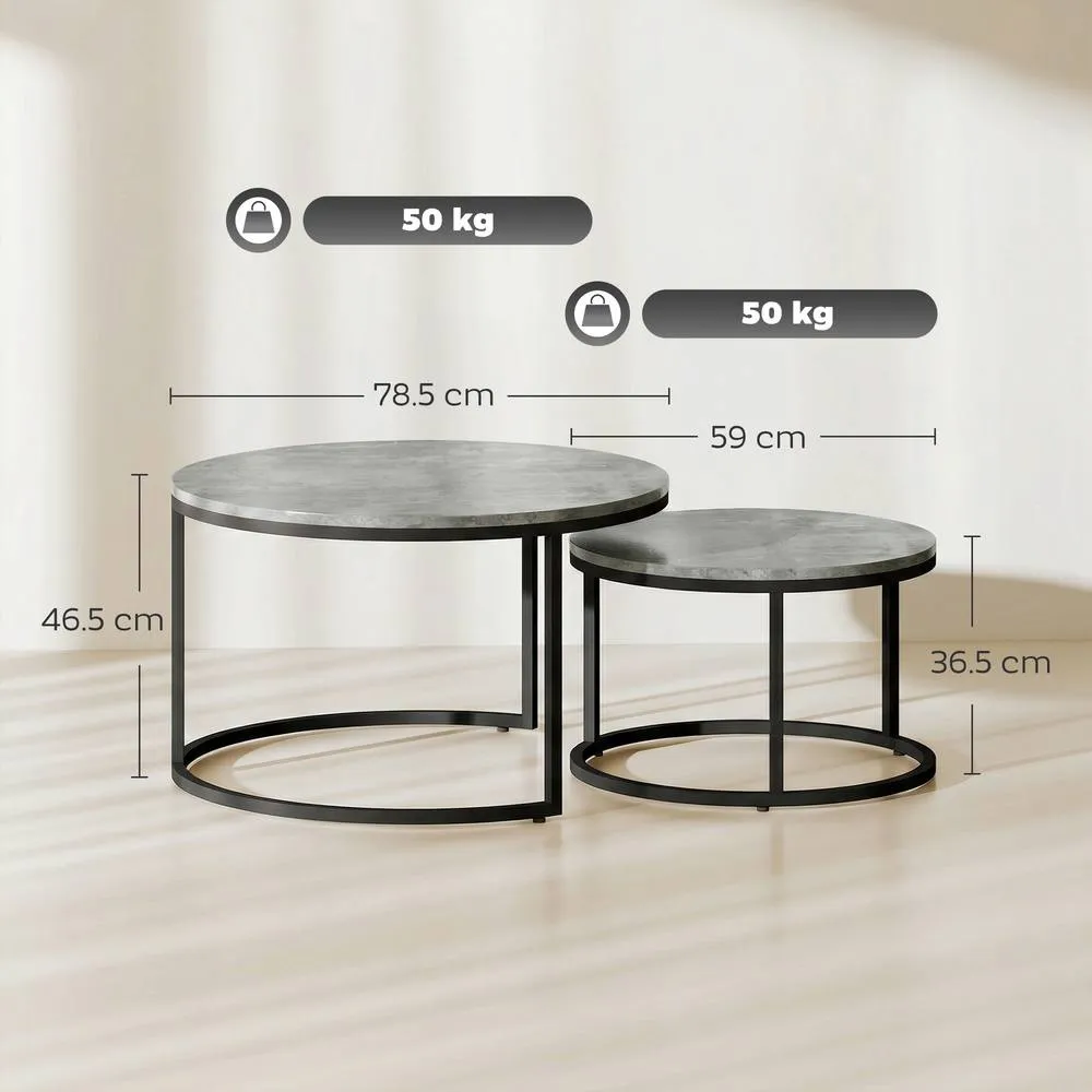 HOMCOM 2 Pcs Stacking Coffee Table Set Steel Frame in Grey 3
