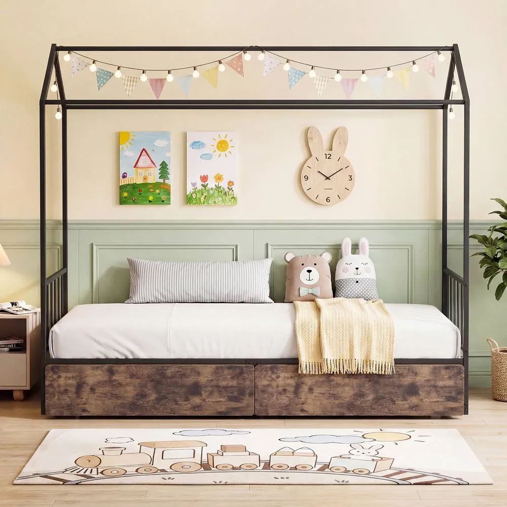 Costway Single Size Bed Frame w/2 Drawers Platform Bed w/Headboard & Footboard in Brown 4