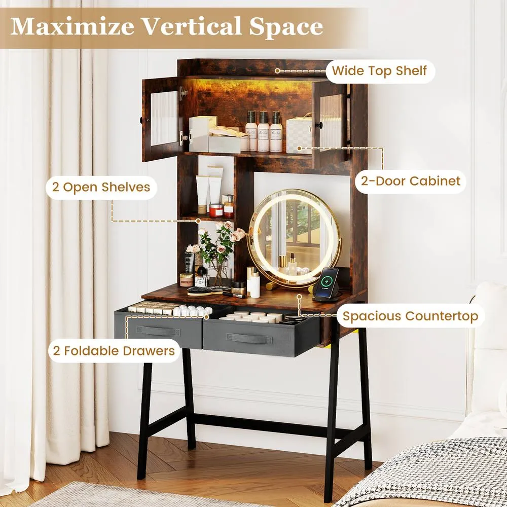 Costway Makeup Vanity Desk w/Mirror & Lights Dressing Table w/Charging Station in Brown 2