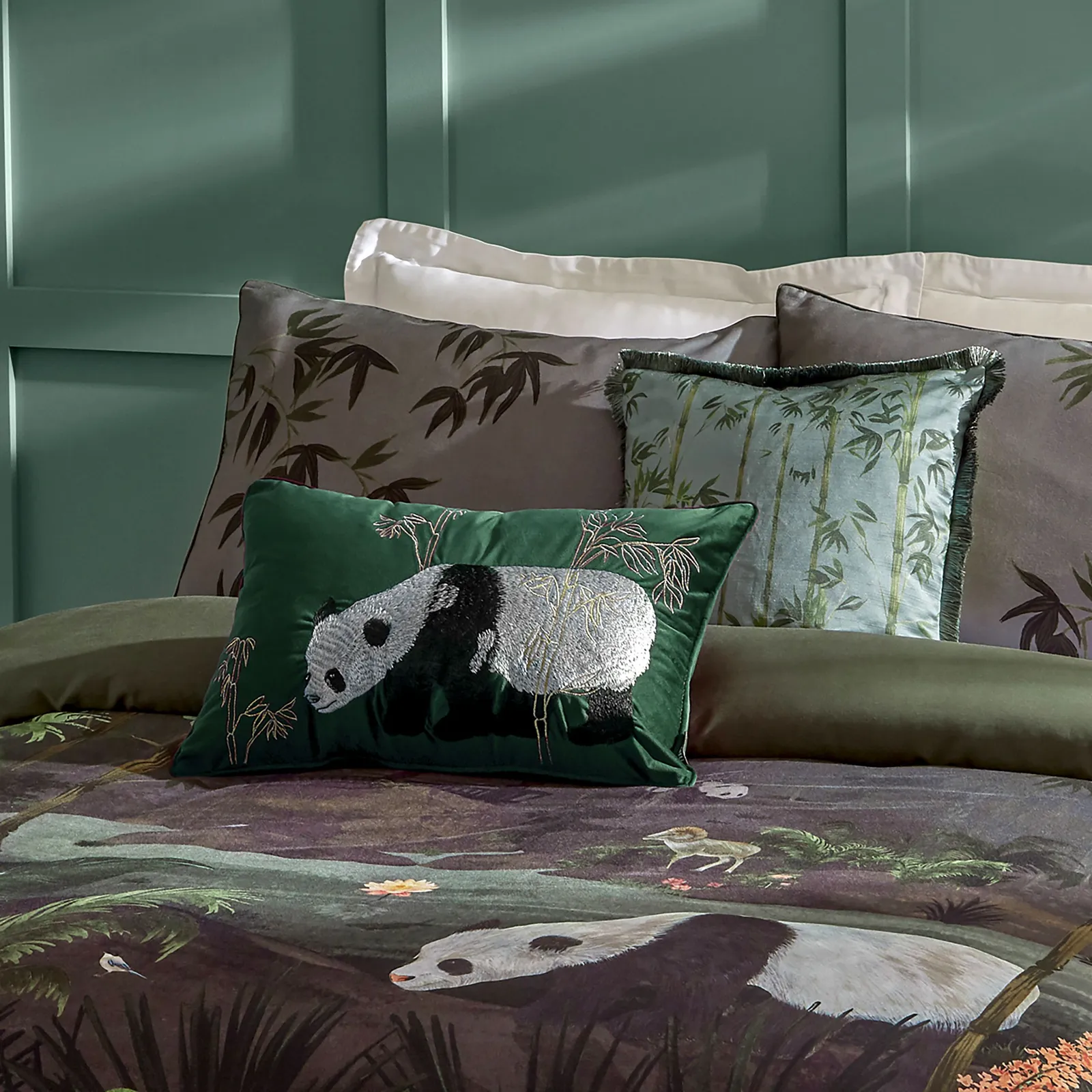 Paoletti Chuan Tranquil Panda Velvet Cushion in Emerald 6