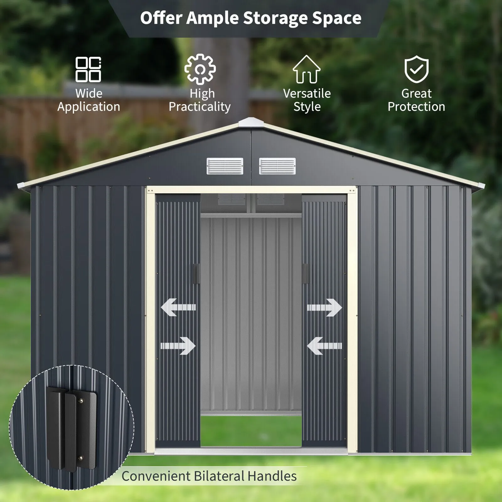 Costway 9.2FT x 6.5FT Outdoor Storage Shed Large Organizer House Double Sliding Door in Grey 4