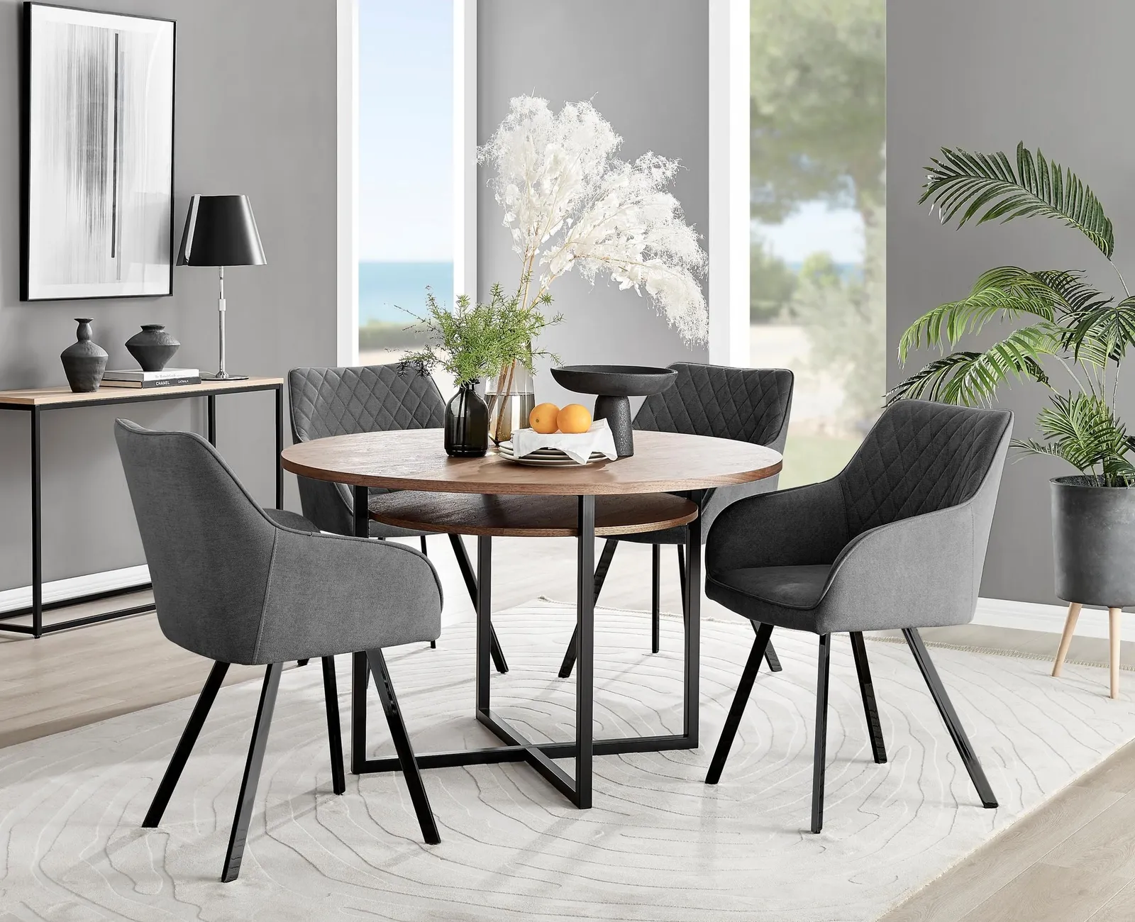 FurnitureboxUK Adley Brown Wood Storage Dining Table & 4 Falun Black Leg Chairs in Dark Grey
