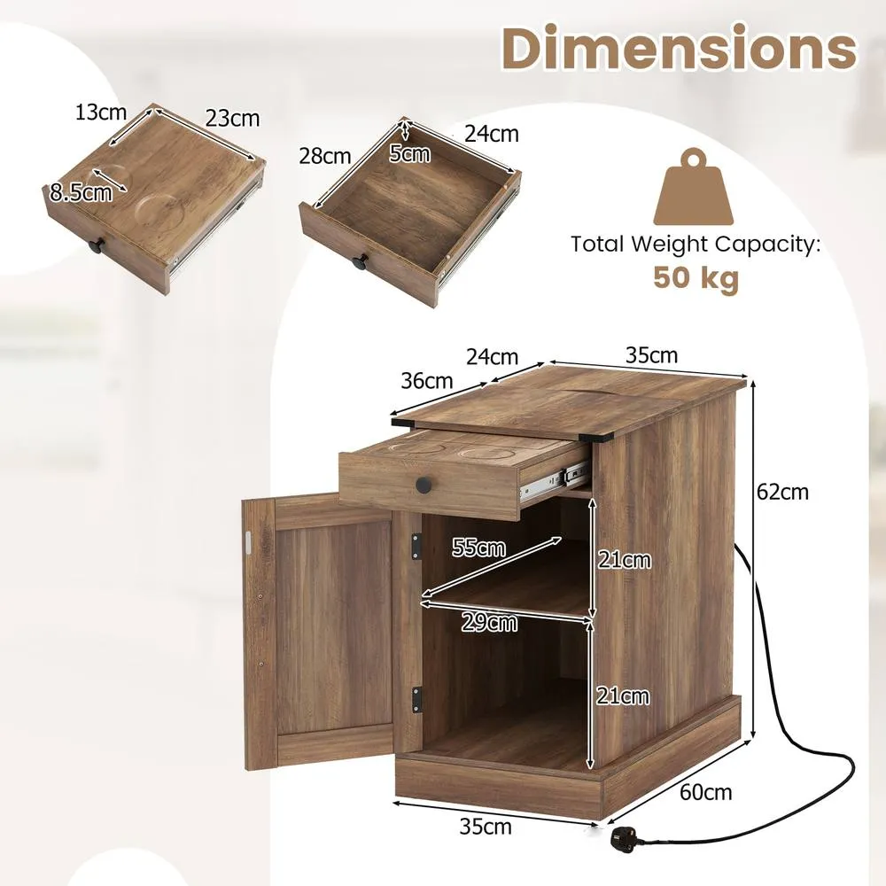 Costway Narrow Wooden Nightstand with Power Outlets in Brown 2