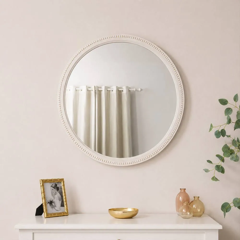 Melody Maison Round Distressed White Washed Wooden Wall Mirror - 80cm X 80cm