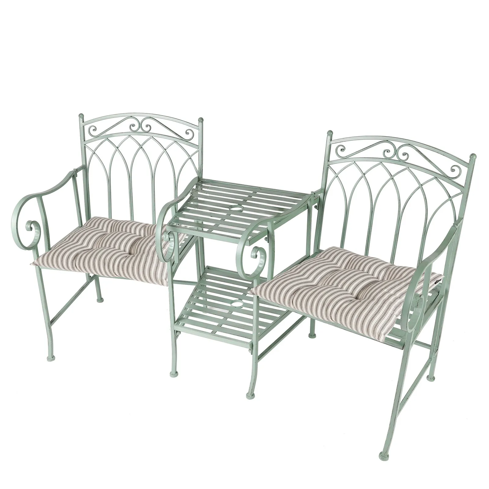 Dibor Vintage Green Arched Outdoor Garden Furniture Companion Seat Garden Bench with Free Set of 2 Grey Seat Pad Cushions