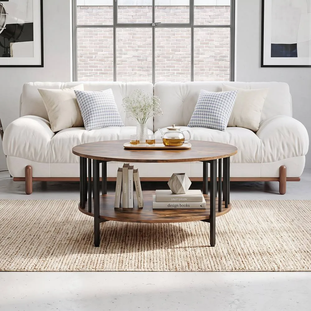 Costway Round Coffee Table 2-Tier Table w/ Open Shelf Cocktail Table in Brown 6