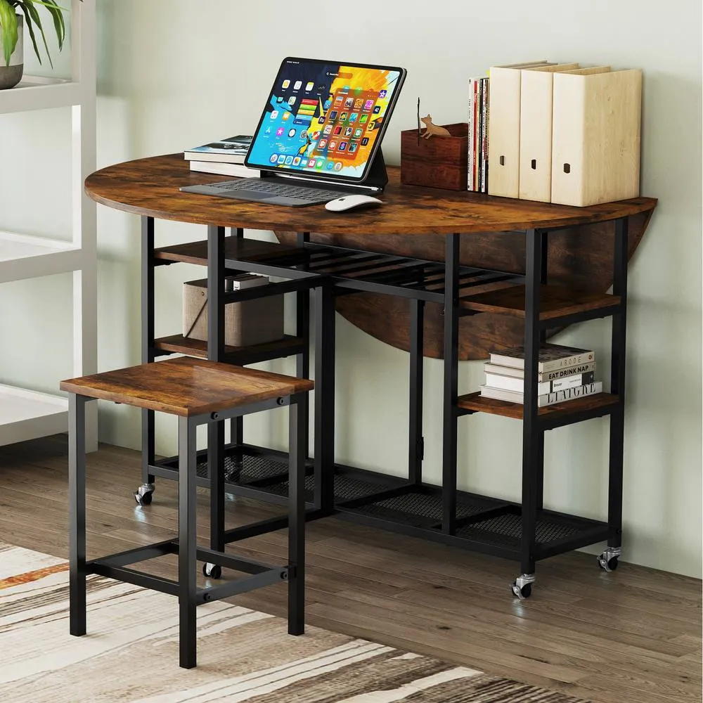 Costway 3-Piece Folding Dining Table Set Round Kitchen Table Set-Brown in Brown