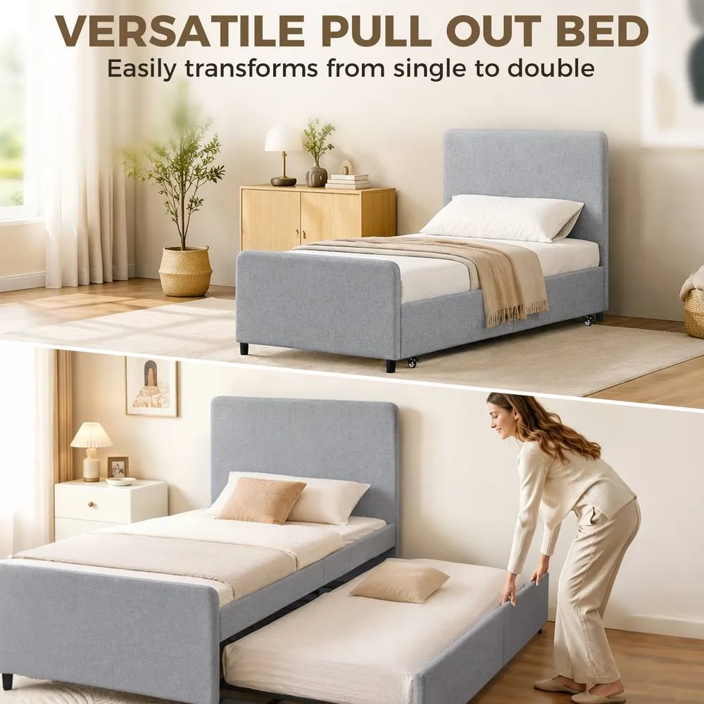 HOMCOM 90 x 190 cm Upholstered Single Bed, Pull Out Trundle Bed in Light Grey 4