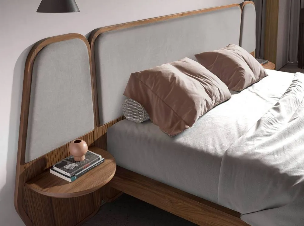 Angel Cerda Walnut Veneer Double Bed with Grey Fabric Headboard 5