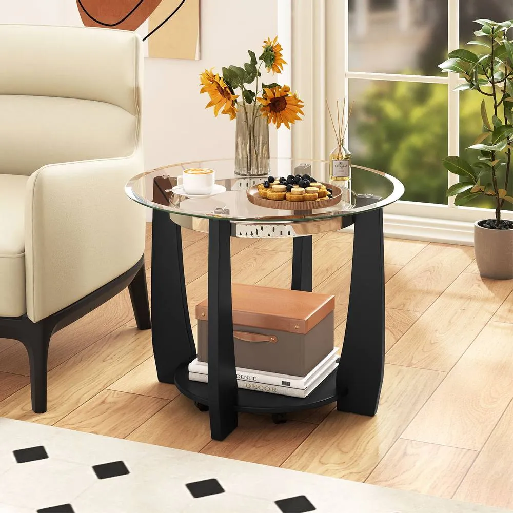 Costway Rolling Glass Round Coffee Table 2-Tier Cocktail Table w/Storage Shelf in Black 5