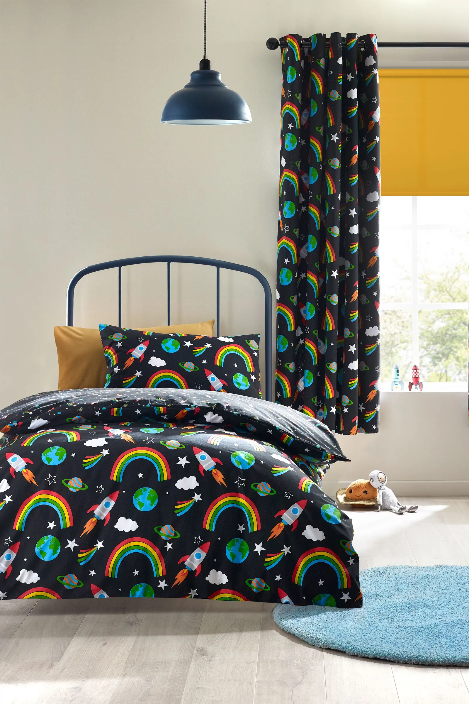 Catherine Lansfield 'Rainbow Rockets' Reversible Duvet Cover Set in Black