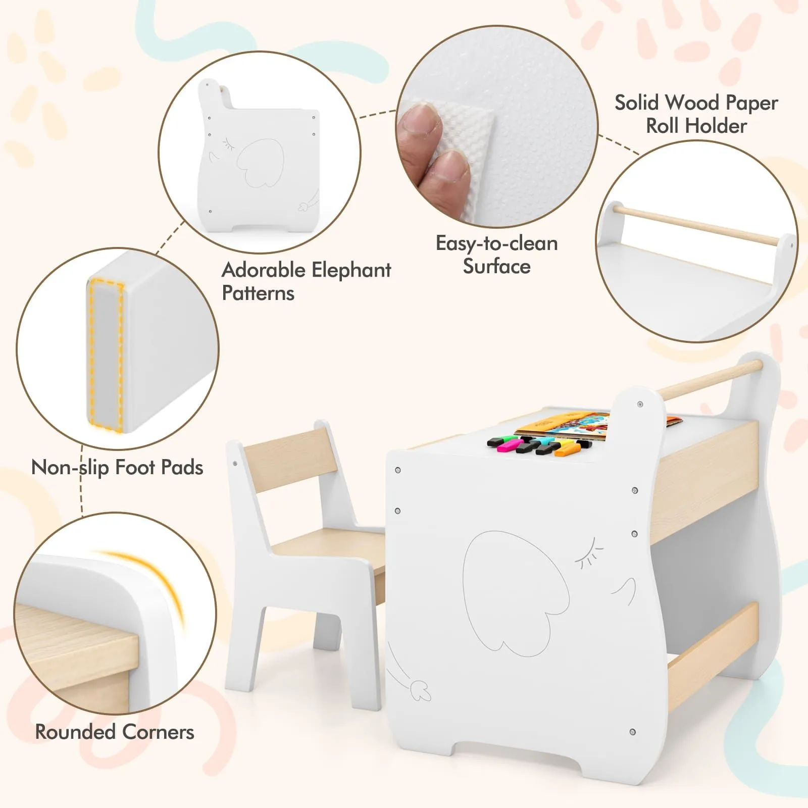 Costway Table & Chair Set Wooden Activity Desk & Chair Set in Natural 3