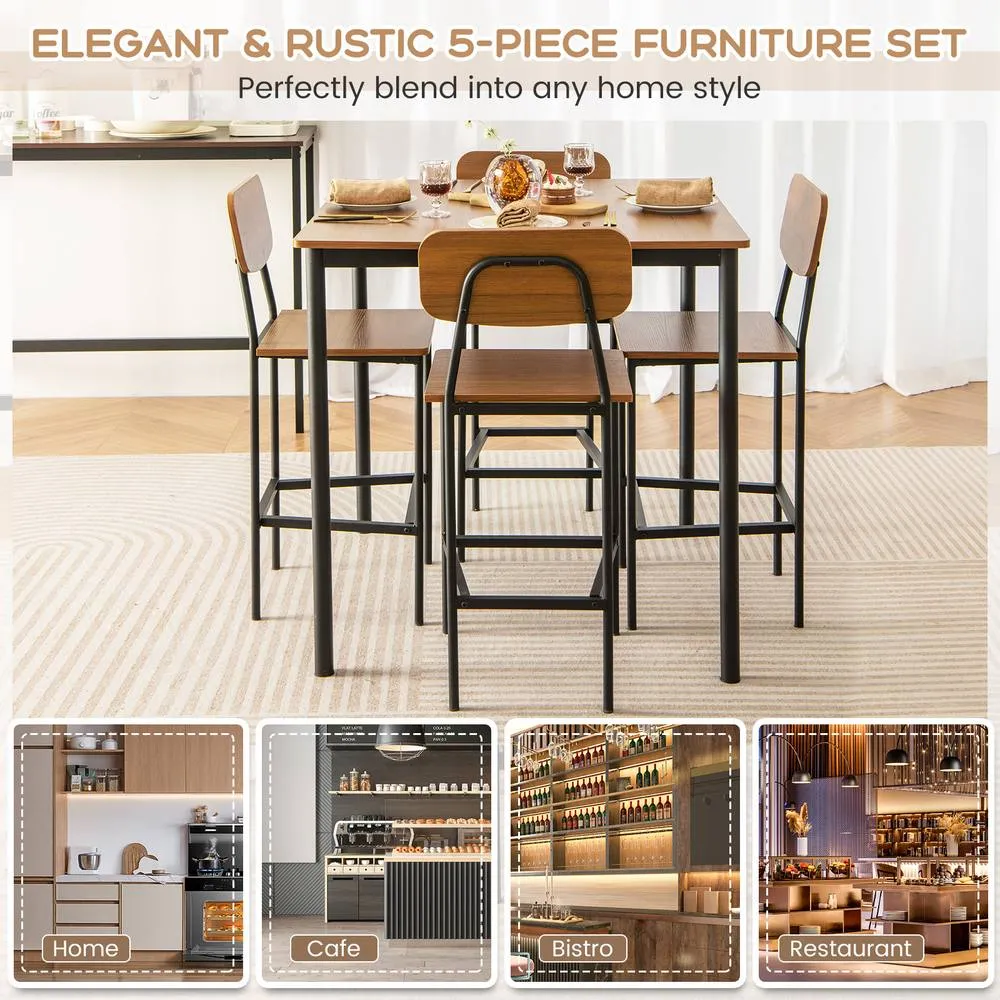 Costway 5PCS Industrial Dining Table Set Kitchen Counter Height Table 4 Stools in Brown 3