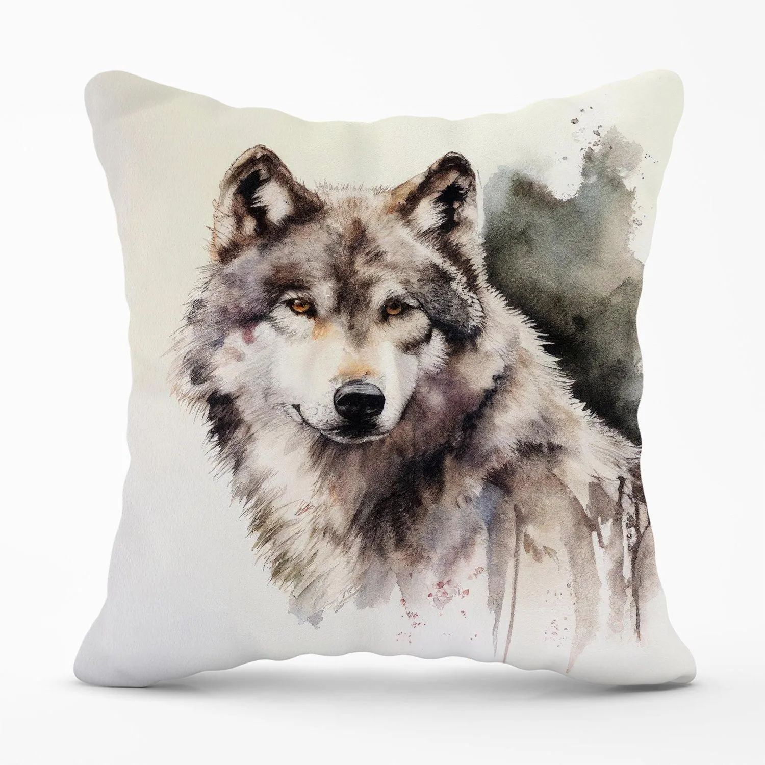 Warren Reed - Designer Loyal Wolf Watercolour Outdoor Cushion in Brown