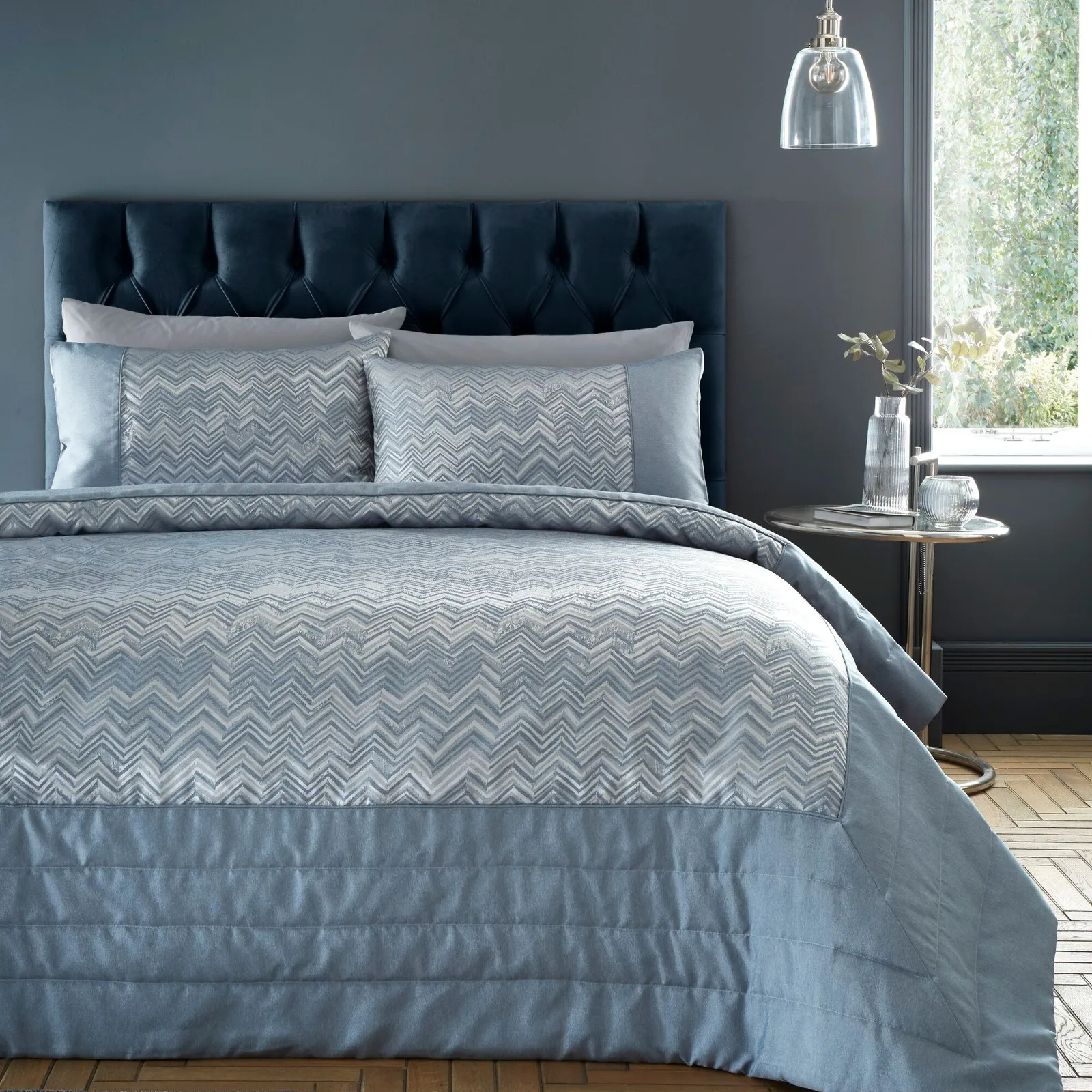 Portfolio Home Antibes Chevron Waves Quilted Throwover Bed Throw Blanket 200 x 230cm in Blue