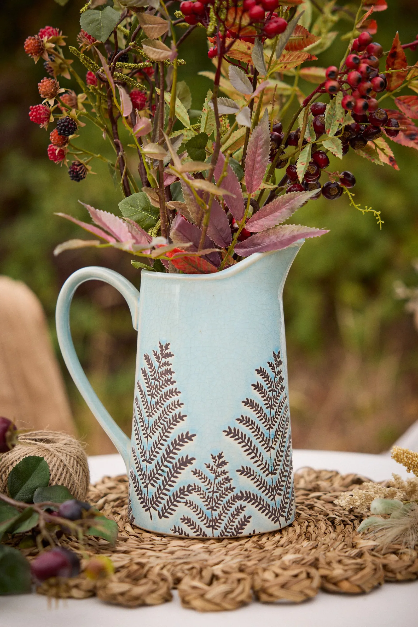 Dibor Sky Blue Fern Vintage Style Pitcher for Home Decor or Serving Jug Flower Vase