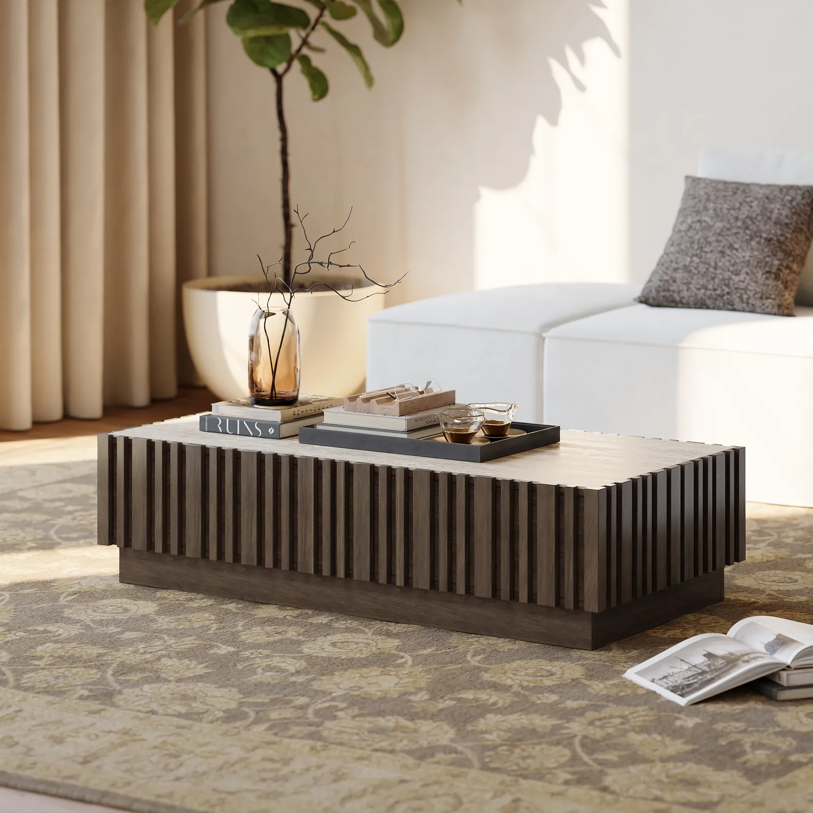 Aura 120 cm Ash Wood Slatted Coffee Table with Sintered Stone Top