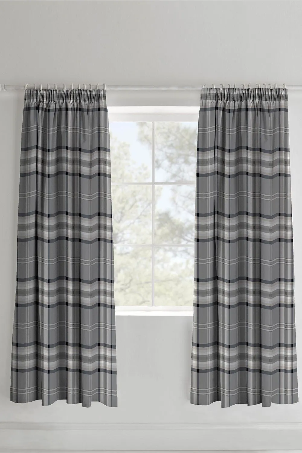 Catherine Lansfield 'Kelso Check' Pencil Pleat Lined Curtains in Charcoal 1