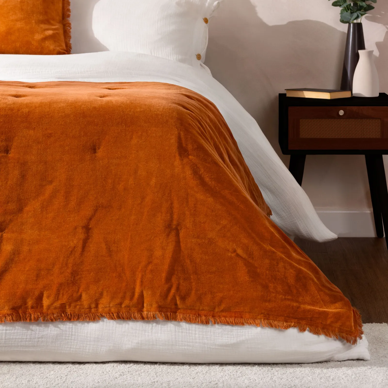 Yard Jaye Fringed Cotton Velvet Bedspread in Burnt Orange 1