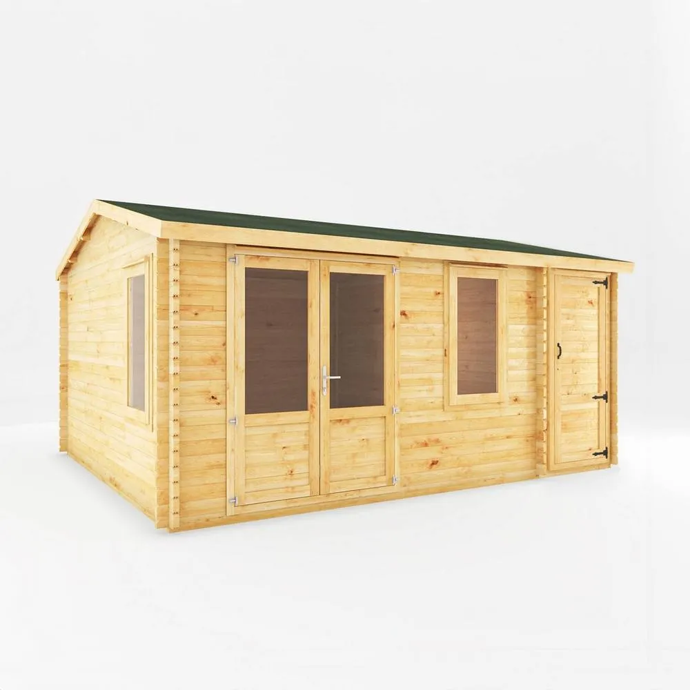 Mercia 5.1 x 4 m Home Office Elite 28 mm Log Cabin with Side Shed in Light Brown
